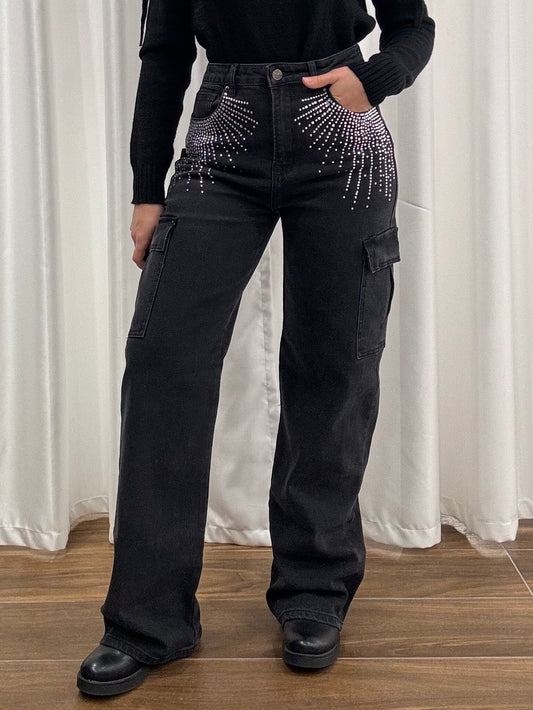 Jeans Cargo con Strass