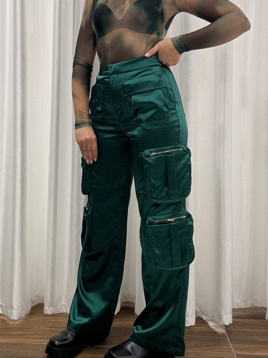 Pantalone Cargo in Raso verde
